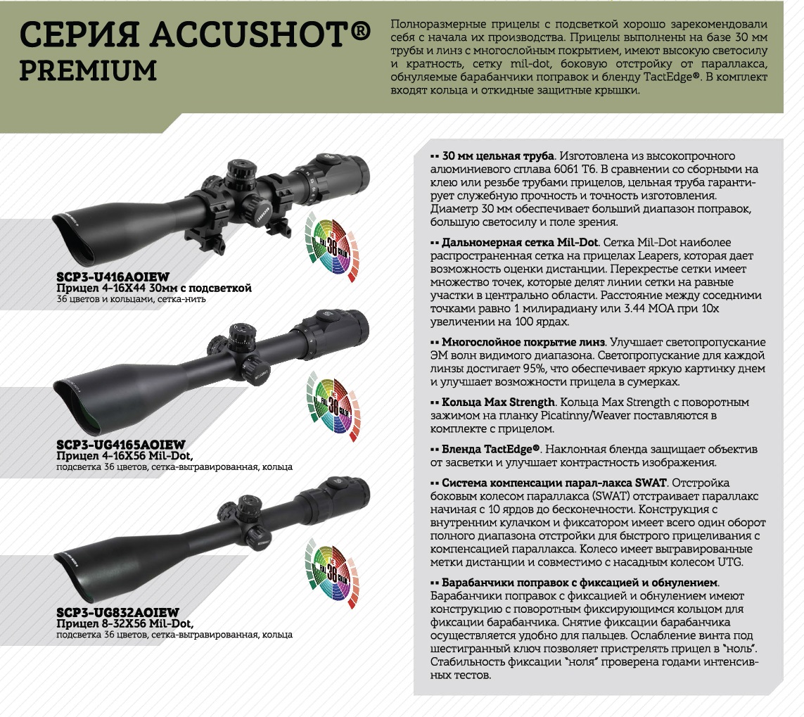 Прицел Accushot Premium 1.5-6*44, MilDot, подсв. (30мм)